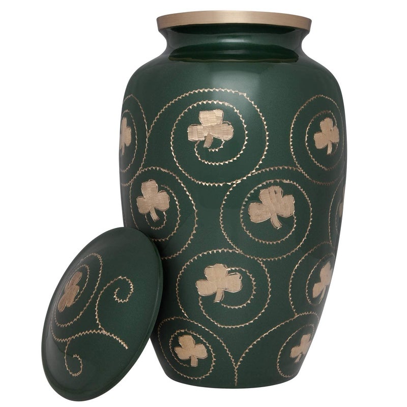 Ansons Urns Green Irish Shamrock Cremation Urn - Clover Funeral Urn in Several Colors - Burial Urn for Human Ashes - Detailed Hand Engraving - 100% Brass - Image 3
